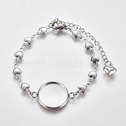 304 Stainless Steel Bracelet Making, with Lobster Claw Clasps, Heart Link Chains and Flat Round Cabochon Settings, Stainless Steel Color, Tray: 16mm, 6 inch(15.3cm)(X-STAS-L248-009P)
