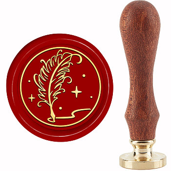 Brass Wax Seal Stamp with Handle, for DIY Scrapbooking, Feather Pattern, 89x30mm
