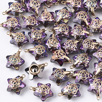 Electroplate Glass Pendants, with Light Gold Plated Brass Ice Pick Pinch Bails, Faceted, Star with Rose, Medium Orchid, 16x13.5x7mm, Hole: 1.2mm