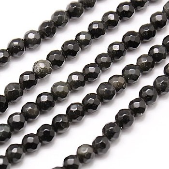 Natural Obsidian Beads Strands, Faceted, Round, Black, 4mm, Hole: 1mm, about 90pcs/strand, 15.35 inch