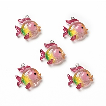 Ocean Theme Transparent Resin Pendants, with Glitter Powder and Platinum Tone Iron Loops, Sea Animal Charm, Colorful, Fish Pattern, 26x27x10mm, Hole: 2mm
