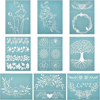 Self-Adhesive Silk Screen Printing Stencil, for Painting on Wood, DIY Decoration T-Shirt Fabric, Flower/Rose, Sky Blue, 28x22cm, 9sheets/set
