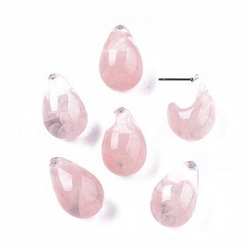 Transparent Resin Half Hoop Earrings, Stud Earrings, Imitation Gemstone Style, with Stainless Steel Pins, Teardrop, Pink, 23.5x15.5mm, Pin: 0.8mm
