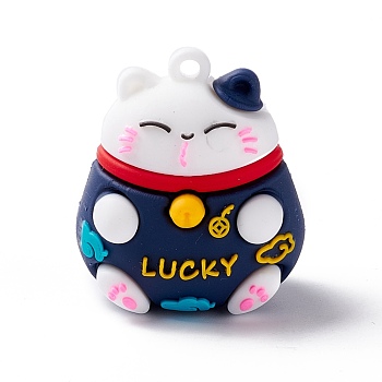 PVC Cartoon Lucky Cat Doll Pendants, for Keychains, Maneki Neko, Marine Blue, 37x32x27mm, Hole: 3mm