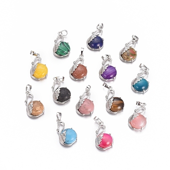 Natural & Synthetic Mixed Gemstone Pendants, with Platinum Tone Brass Findings, Swan, 30.8x18.8x8.5mm, Hole: 7x5mm