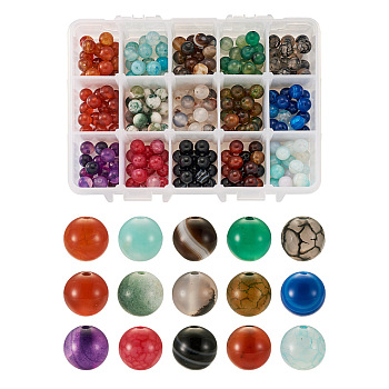 225Pcs 15 Style Natural Agate Round Beads, 8mm, Hole: 1mm, 15pcs/style