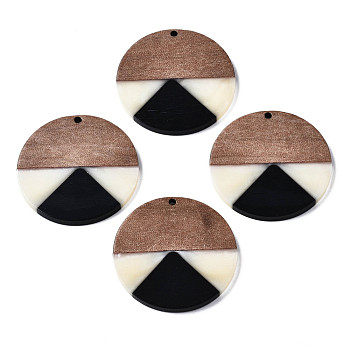 Resin & Walnut Wood Pendants, Flat Round, Black, 38x3mm, Hole: 2mm