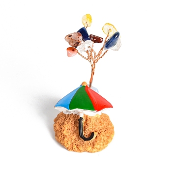 Resin Display Decorations, Reiki Energy Stone Feng Shui Ornament, with Natural Gemstone Tree and Copper Wire, Umbrella on the Beach, 33x50~55mm