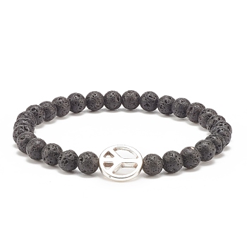 Natural Lava Rock Stretch Bracelet with Alloy Peace Sign Beaded, Essential Oil Gemstone Jewelry for Women, Inner Diameter: 2-1/8 inch(5.3cm)
