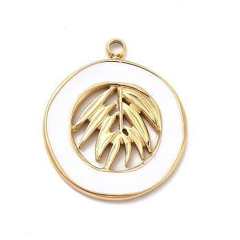 304 Stainless Steel Enamel Pendants, Golden, Flat Round with Leaf Charm, White, 18x16x1mm, Hole: 1.6mm