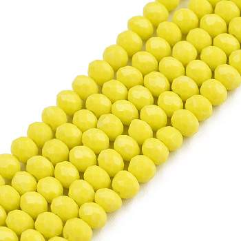 Opaque Solid Color Glass Beads Strands, Faceted, Rondelle, Yellow, 4x3mm, Hole: 0.4mm, about 113~115pcs/strand, 41~42cm