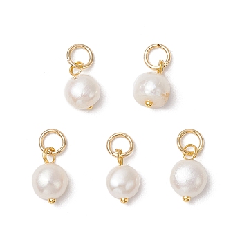 Natural Cultured Freshwater Pearl Potato Charms, with Brass Loops & 304 Stainless Steel Jump Rings, Floral White, Golden, 11.5x8.5mm, Hole: 4mm