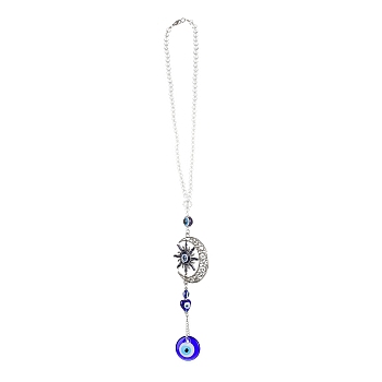 Evil Eye Alloy Lampwork Pendant Decorations, with Glass and Resin Beads, for Home Window Decoration, Moon, 435mm, pendant: 175x55x9mm