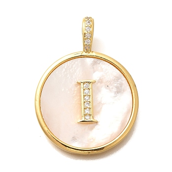 Rack Plating Brass Micro Pave Clear Cubic Zirconia Pendants with Shell, Letter Series Charms, Long-Lasting Plated, Lead Free & Cadmium Free, Letter I, 32x24x3.5mm, Hole: 6x3mm