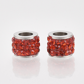 201 Stainless Steel Beads, with Polymer Clay Rhinestone, Column, Light Siam, 5.5x7mm, Hole: 3.5mm