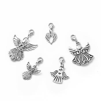 Alloy Pendant Decoration, with Zinc Alloy Lobster Claw Clasps, Angel & Wings, Antique Silver & Platinum, 38~60mm
