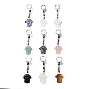 Natural & Synthetic Mixed Stone Chakra Keychain, with Iron Split Key Rings and Flat Round Alloy Charms, Hamsa Hand, 11.5cm
