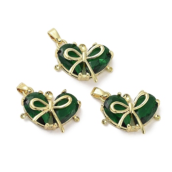 Real 18K Gold Plated Brass Glass Pendants, Heart with Bowknot Charm, Lead Free & Cadmium Free, Long-Lasting Plated, Green, 14x19x6mm, Hole: 2.5x4mm