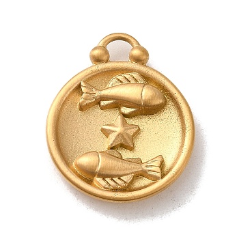 304 Stainless Steel Pendants, Flat Round with Constellations Charm, Matte Gold Color, Pisces, 20.5x17x3mm, Hole: 2.5x2mm