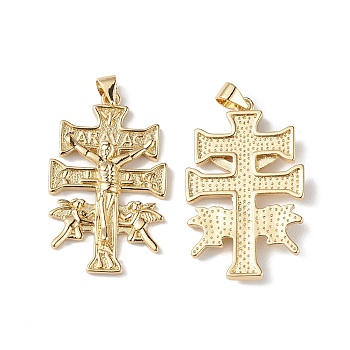 Eco-Friendly Rack Plating Brass Pendants, Lead Free & Cadmium Free, Long-Lasting Plated, Cross with Jesus and Angel Charm, Religion, Real 18K Gold Plated, 33.5x21x3mm, Hole: 3.5x5mm