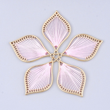 Cotton Thread Woven Pendants, with Alloy Findings, Leaf, Golden, Pink, 43x26.5x2mm, Hole: 1.8mm