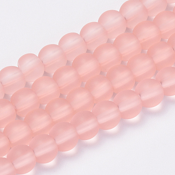 Transparent Glass Beads Strands, Frosted, Round, Pink, 6mm, Hole: 1mm, about 55pcs/strand, 12.9 inch