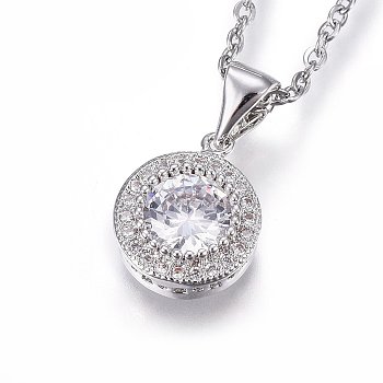 304 Stainless Steel Pendant Necklaces, with Cubic Zirconia, Clear, Flat Round, Stainless Steel Color, 17.71 inch(45cm)