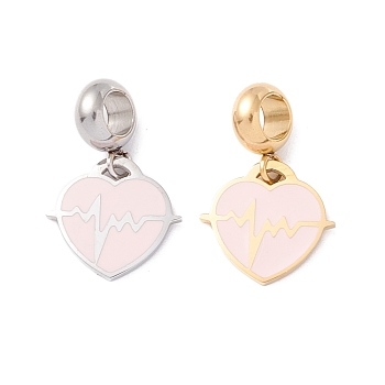 304 Stainless Steel European Dangle Charms, Large Hole Pendants, with Enamel, Golden & Stainless Steel Color, Heart & Heartbeat, Pink, 22.5mm, Hole: 4.5mm