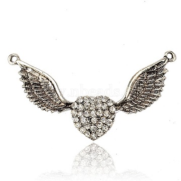 Antique Silver Plated Alloy Rhinestone Links, Heart with Wing, Antique Silver, Crystal, 79x50x5mm, Hole: 3.00mm(RB-J140-01AS)