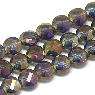 Electroplate Glass Beads Strands, Rainbow Plated, Faceted, Flat Round, Dark Orchid, 8x5mm, Hole: 1.2mm, about 69~72pcs/strand, 21.26 inch(EGLA-Q098-A10)