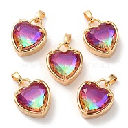K9 Glass Pendants, with Golden Tone Brass Findings, Faceted, Heart Charms, Fuchsia, 18x15x7.7mm, Hole: 5x3mm(FIND-C036-01G-08)