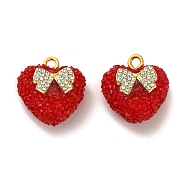 Heart with Bowknot Shape Resin & Rhinestone Pendant, with Rack Plating Golden Brass Findings, Long-Lasting Plated, Red, 20.5x19~19.5x12mm, Hole: 2.5mm(KK-C037-14G)