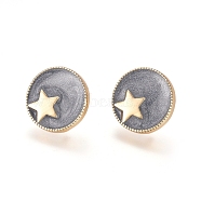 Real 18K Gold Plated Brass Stud Earring Findings, with Loop and Enamel, Flat Round with Star, Black, 14mm, Hole: 1mm, Pin: 0.7mm(KK-L180-118A)