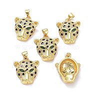 Brass Micro Pave Cubic Zirconia Pendants, with Enamel, Long-Lasting Plated, Leopard Head, Real 18K Gold Plated, 22x18x6mm, Hole: 5x3mm(X-ZIRC-L100-123G)