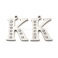 304 Stainless Steel Pendants, with Rhinestone, Letter E, Letter E, 18x14.5x1.5mm, Hole: 1.2mm(STAS-L022-157P-E)
