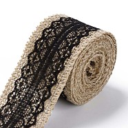 Burlap Ribbon, Hessian Ribbon, Jute Ribbon, with Lace, for Jewelry Making, Black, 1-1/2 inch(38mm), about 2m/roll(X-OCOR-S126-01)