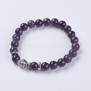 Natural Amethyst Beads Stretch Bracelets, with Alloy Finding, Buddha's Head, 2-1/8 inch(55mm)(BJEW-E325-D25)