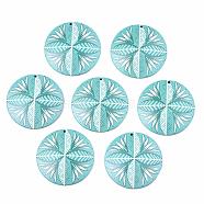3D Printed Acrylic Pendants, Flat Round with Flower, Turquoise, 42x6.5mm, Hole: 1.6mm(KY-S163-367B)
