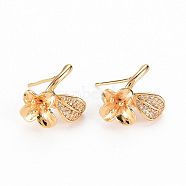 Brass Micro Pave Clear Cubic Zirconia Earring Findings, for Half Drilled Beads,  Nickel Free, Flower, Real 18K Gold Plated, 15.5x11.5mm, Pin: 0.6mm, Pin: 0.6mm(for half drilled beads)(KK-S356-257-NF)