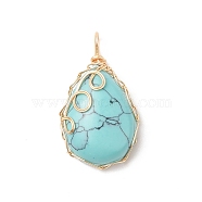 Synthetic Turquoise Dyed Copper Wire Wrapped Pendants, Teardrop Charms, Golden, 33x20x19mm, Hole: 3.5x3mm(PALLOY-JF02017-01)