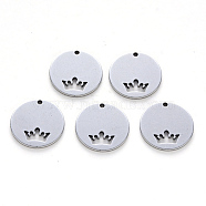 201 Stainless Steel Charms, Laser Cut, Flat Round with Crown, Stainless Steel Color, 14x1mm, Hole: 1mm(STAS-N092-11)