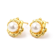 ABS Imitation Pearl Beaded Flower Stud Earrings, Brass Jewelry for Wome, Cadmium Free & Lead Free, Real 18K Gold Plated, 15mm, Pin: 0.9mm(EJEW-P213-11G)