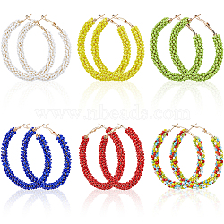 6 Pairs 6 Colors Stainless Steel Hoop Earrings, with Glass Beads, Golden, Mixed Color, 60x7mm, 1 pair/color(EJEW-DC0001-51)