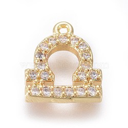 Golden Plated Brass Micro Pave Cubic Zirconia Charms, Twelve Constellations, Libra, 9x8x1.7mm, Hole: 0.8mm(ZIRC-L075-51G)