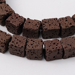 Natural Lava Rock Beads Strands, Cube, Dyed, Brown, 6.5x6.5x6.5mm, about 60pcs/strand, 15.60''(39.63cm)(G-L435-01-6mm-10)