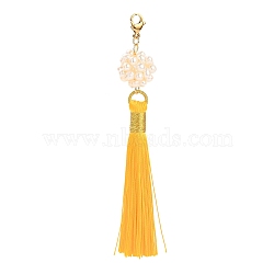 Polyester Tassel Big Pendants, with Natural Pearl Woven Beads and Golden Plated 304 Stainless Steel Lobster Claw Clasps, Gold, 118mm(PALLOY-JF00473-01)