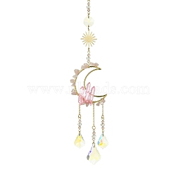 Natural Rose Quartz & Glass Pendants Decoration, with 304 Stainless Steel Split Rings, Moon & Sun, 300mm(HJEW-JM01479-02)