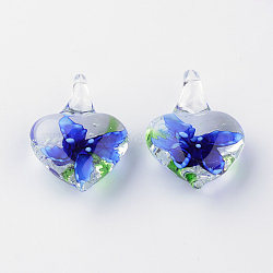 Handmade Luminous Lampwork Pendants, with Inner Flower, Heart, Blue, 28~33x22~23x11~13mm, Hole: 4~6mm(X-LAMP-R136-03A)