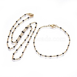 304 Stainless Steel Jewelry Sets, Cable Chain Necklaces and Bracelets, with Enamel, Black, 19.52 inch~19.76  inch(49.6~50.2cm), 7-7/8  inch~8-1/8  inch(20~20.6cm)(X-SJEW-P160-A04-G)