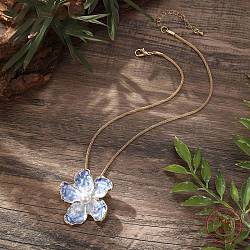 Alloy Blue Enamel Camellia Flower Pendant Necklaces, Rope Chain Necklaces for Women, Golden, 16.93 inch(43cm)(NJEW-B113-02)